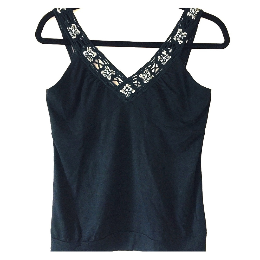 2xtremz Black Handmade Crochet & Sequins Neckline Stretchy Tank Top Size US L